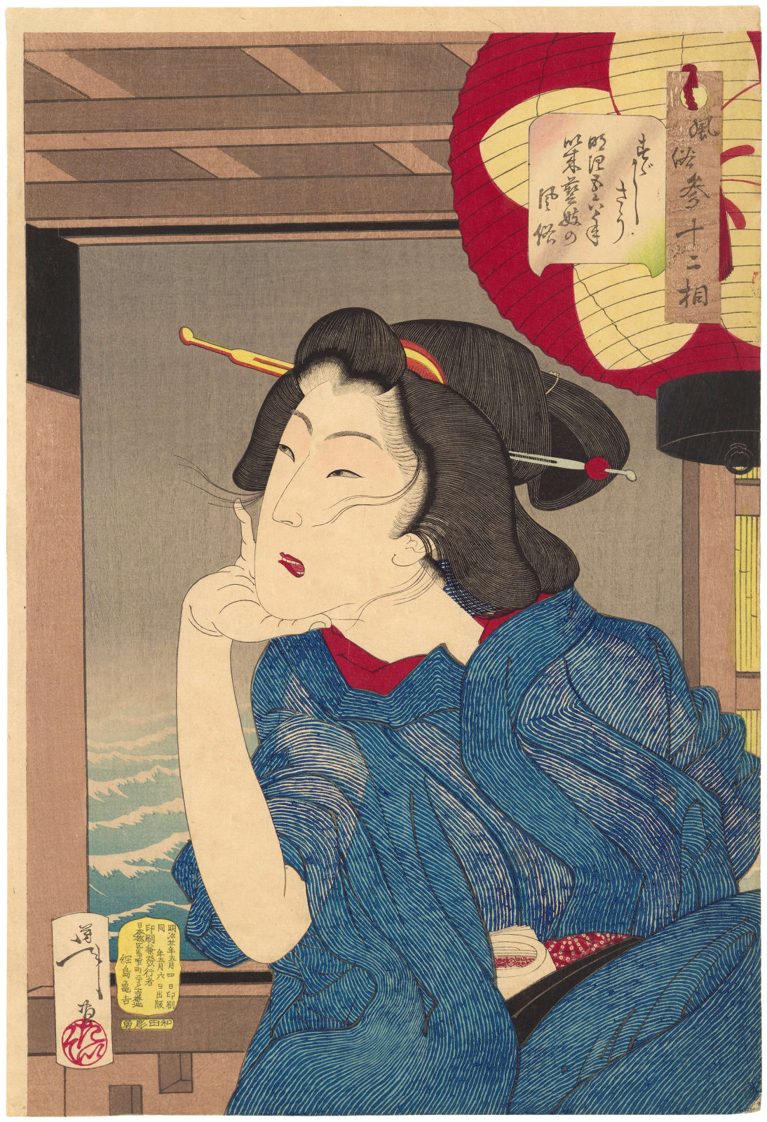 Tsukioka Yoshitoshi (1839-1892), 'Looking Cool: The Appearance of a Geisha in the Fifth or Sixth Year of Meiji' (Suzushiso Meiji goroku nen irai geigi no fuzoku), from the series ‘Thirty-two Aspects of Customs and Manners’ (Fuzoku sanjuni so), 1888