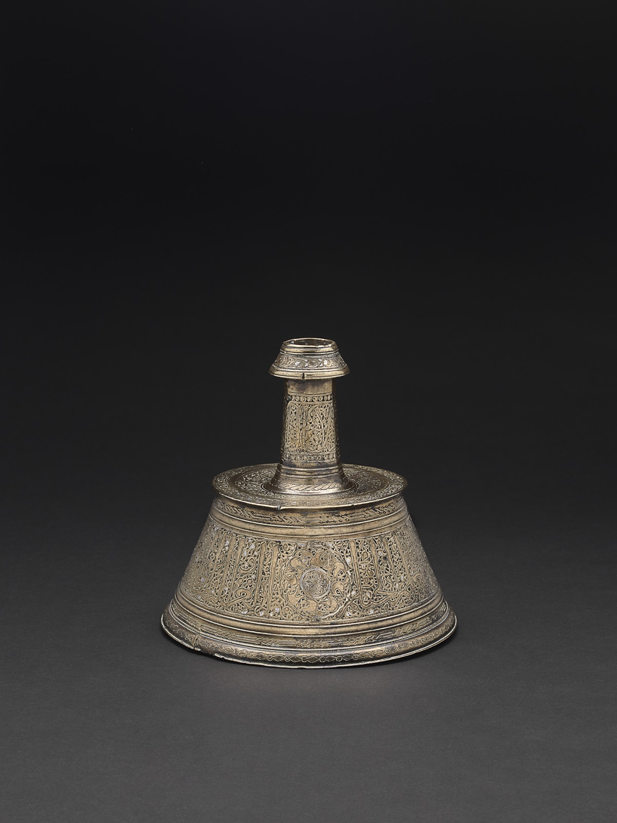 Mamluk Bronze Candlestick Inlaid With Silver Inscription and Decorations, Islamic, 14th Century C.E.