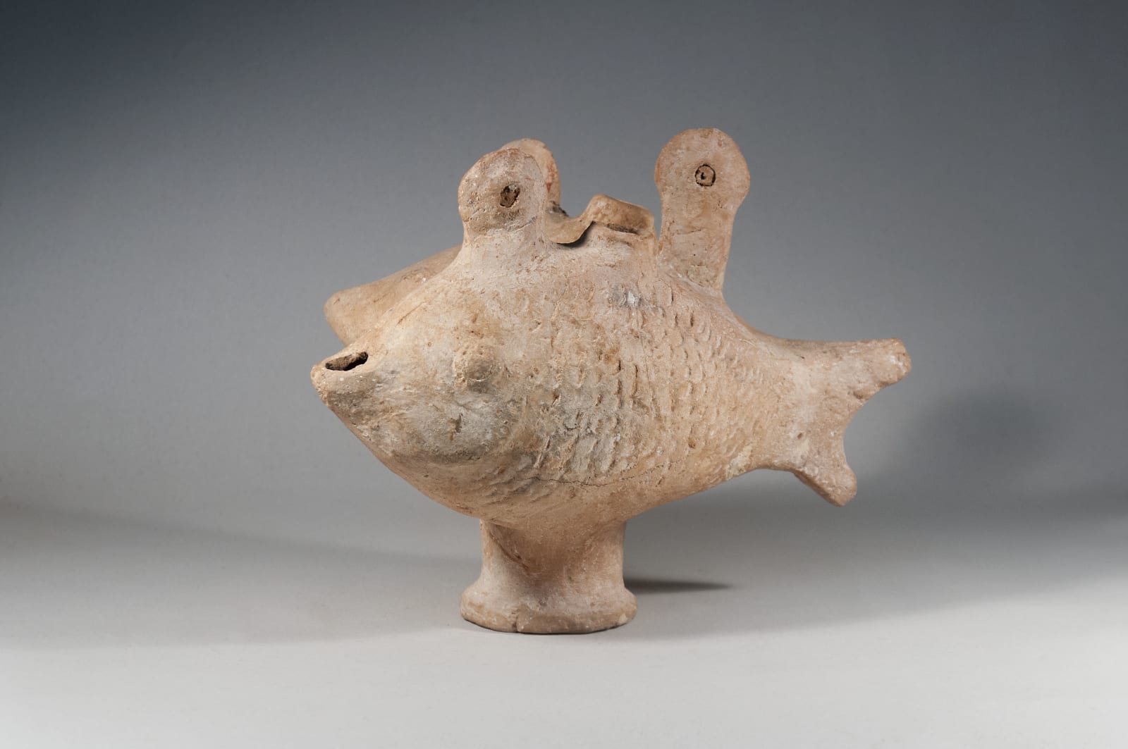 A Large Ceramic Double Fish Oil Lamp, Phoenician , Iron Age Period 1st. Millennium B.C.E.
