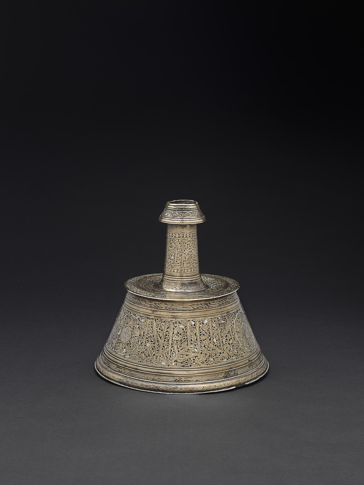 Mamluk Bronze Candlestick Inlaid With Silver Inscription and Decorations, Islamic, 14th Century C.E.