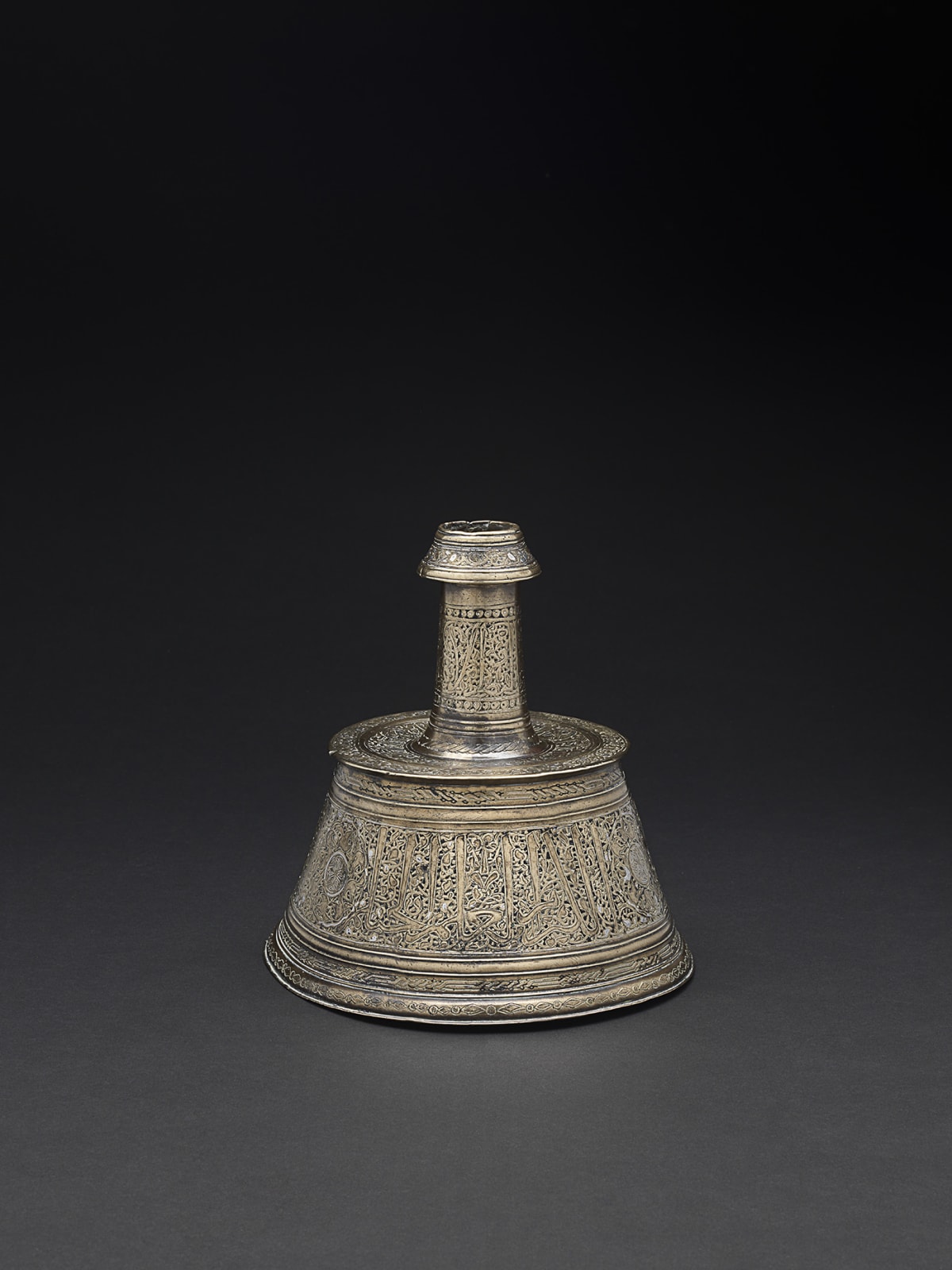 Mamluk Bronze Candlestick Inlaid With Silver Inscription and Decorations, Islamic, 14th Century C.E.