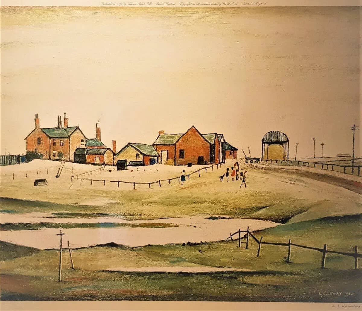 LS Lowry, Landscape with Farm Building, 1974