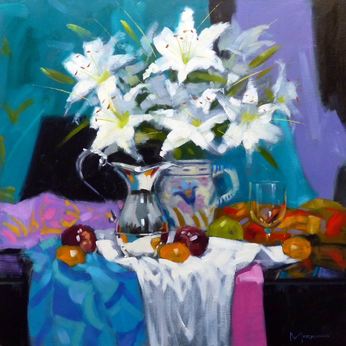 Jack Morrocco, White Lilies, Silver Ewer and Poole Jug