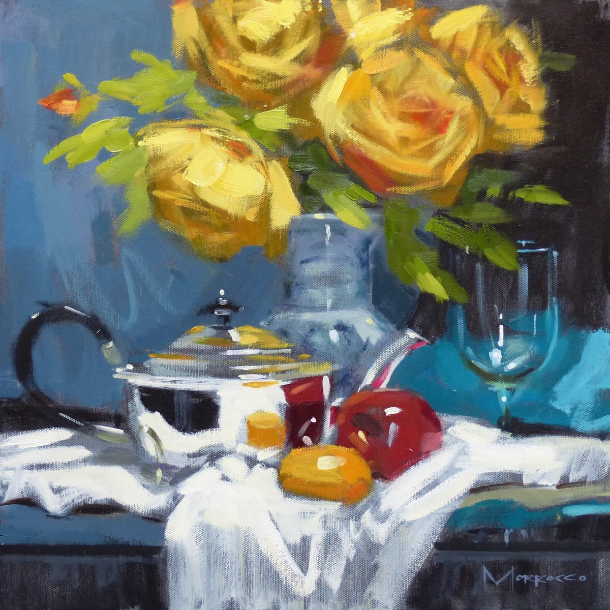 Jack Morrocco, Lady of Shalott Roses and Siilver Teapot
