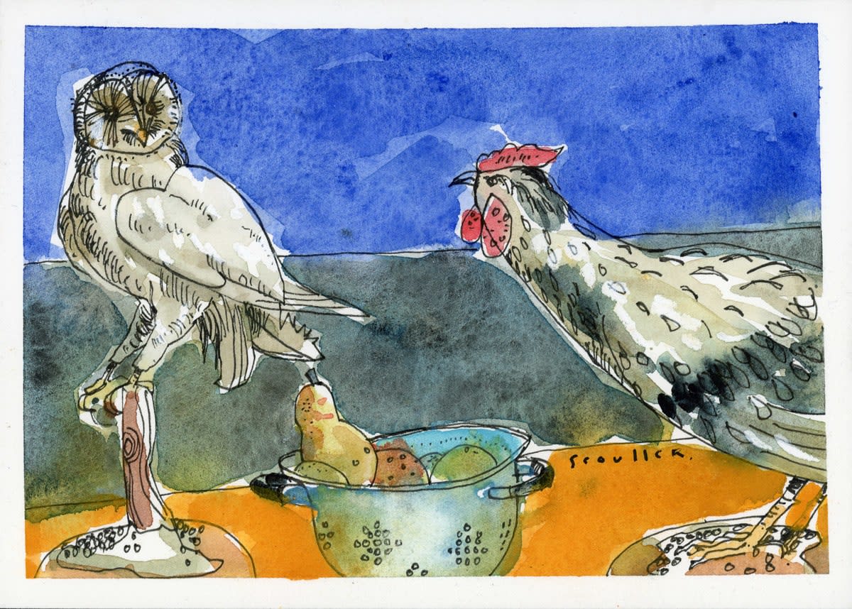 Glen Scouller RSW RGI, Still Life with Asian Hen and Owl