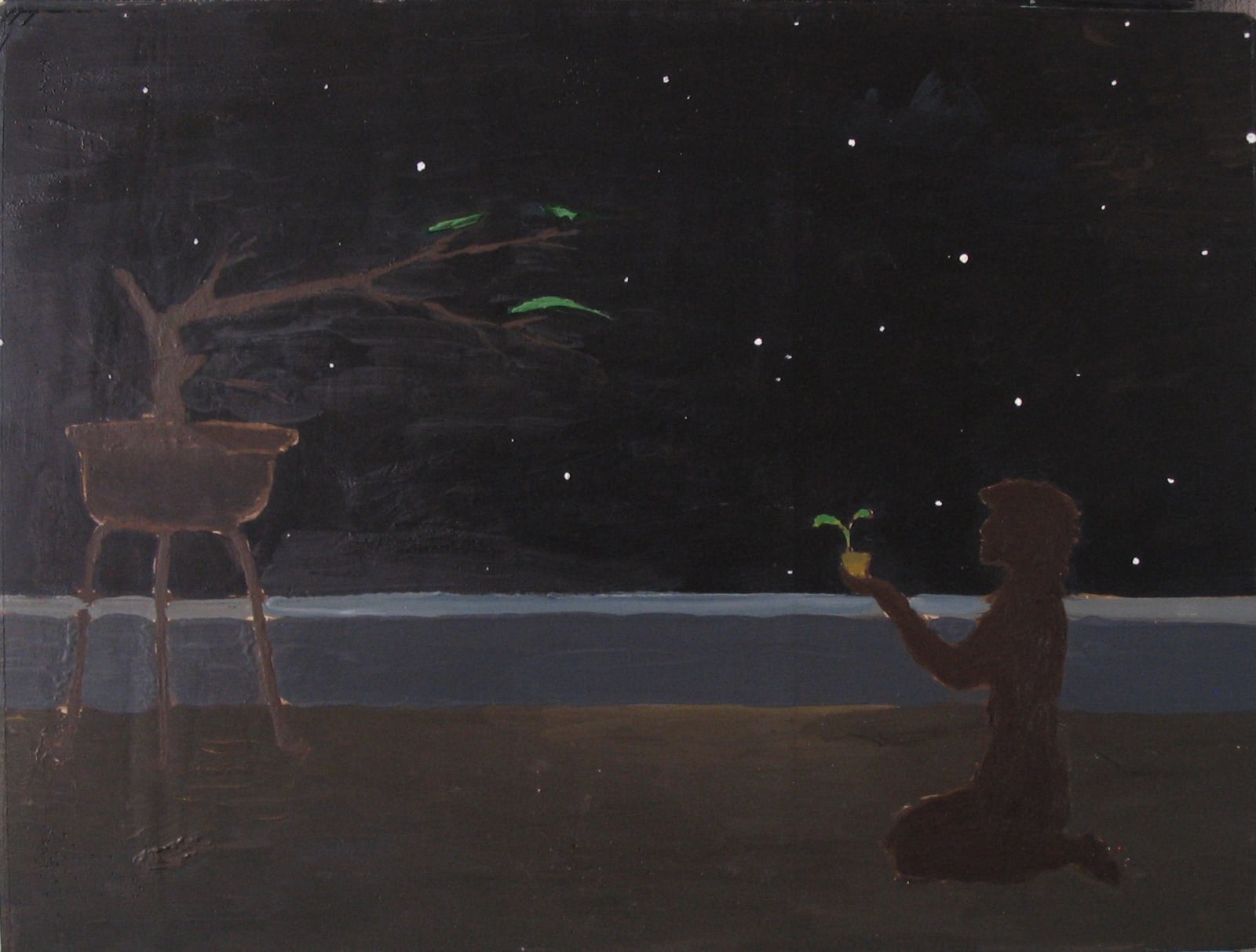 Liao Guohe 廖国核, Untitled (black background, aged bonsai, plantlet, man) 无题(黑背景 老盆景 小苗人), 2009