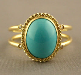 Gold Ring Featuring a Turquoise and Four Small Diamonds, 21st Century CE