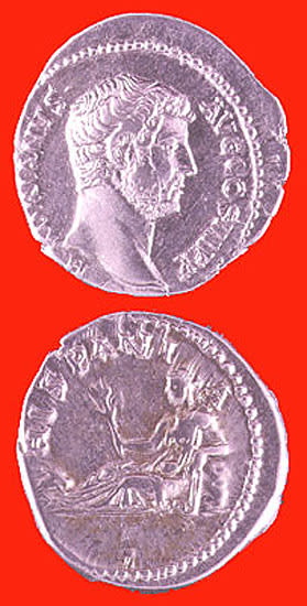 Silver Denarius of Emperor Hadrian, 117 CE - 138 CE