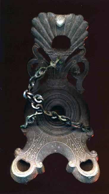 Roman Bronze Hanging Double-Spouted Oil Lamp, 4th Century CE