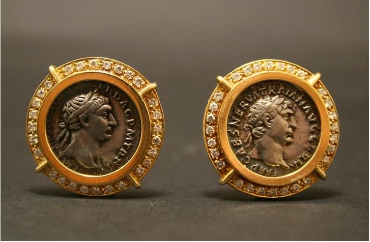 Gold/Diamond Earings Featuring Coin of Roman Emperor Trajan, 98 CE - 117 CE