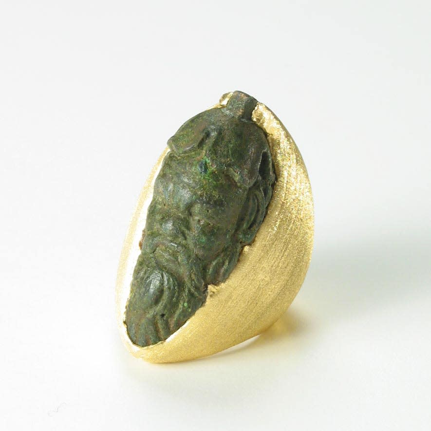 Bronze Head of a Bearded Man Set in a Gold Ring, 300 BCE - 100 BCE