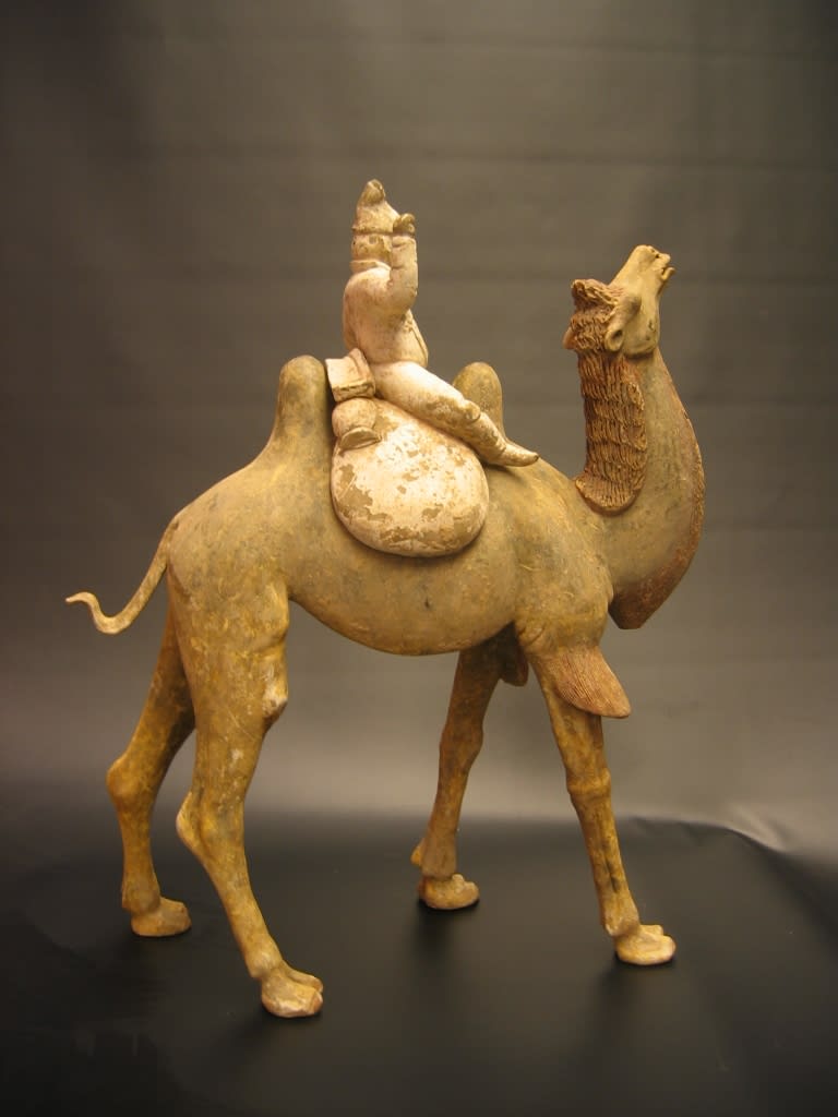 Early Tang Painted Pottery Walking Camel with Detachable Rider, 618 CE - 907 CE