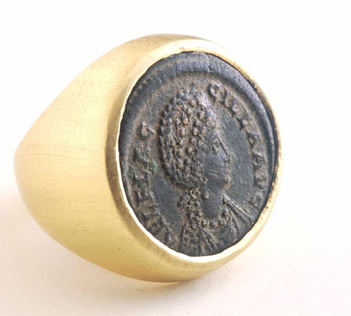 Gold Ring Featuring a Roman Bronze Coin of Empress Aelia Flaccilla, 379 CE - 395 CE