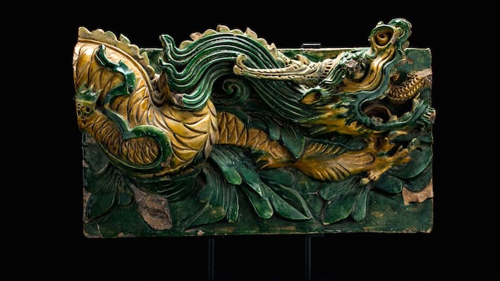 Pair of Ming Glazed Temple Wall Tiles Depicting a Dragon, 1368 CE - 1644 CE