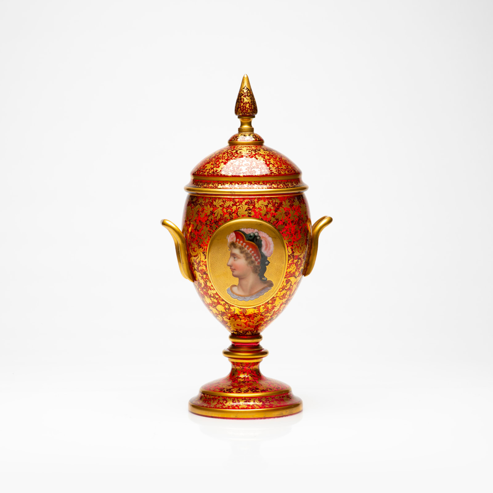 Bohemian Glass Lidded Vases with overlay a figure and Gold Decoration, 19th Century