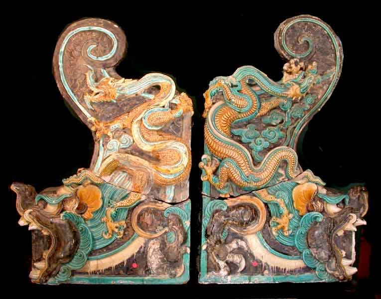 Pair of Ming Glazed Terracotta Architectural Tiles Depicting Dragons, 1368 CE - 1644 CE