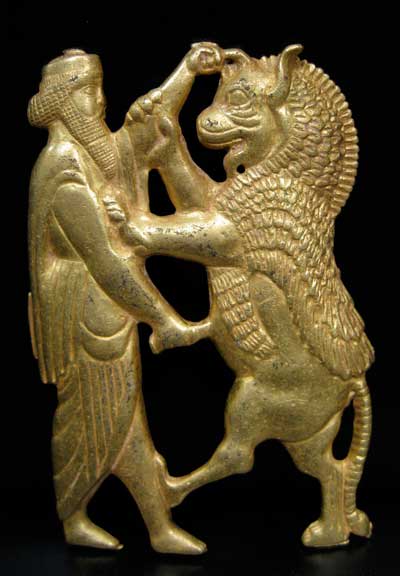 Achaemenid-Style Gold Plaque of a King Fighting a Rampant Lion, 20th Century CE