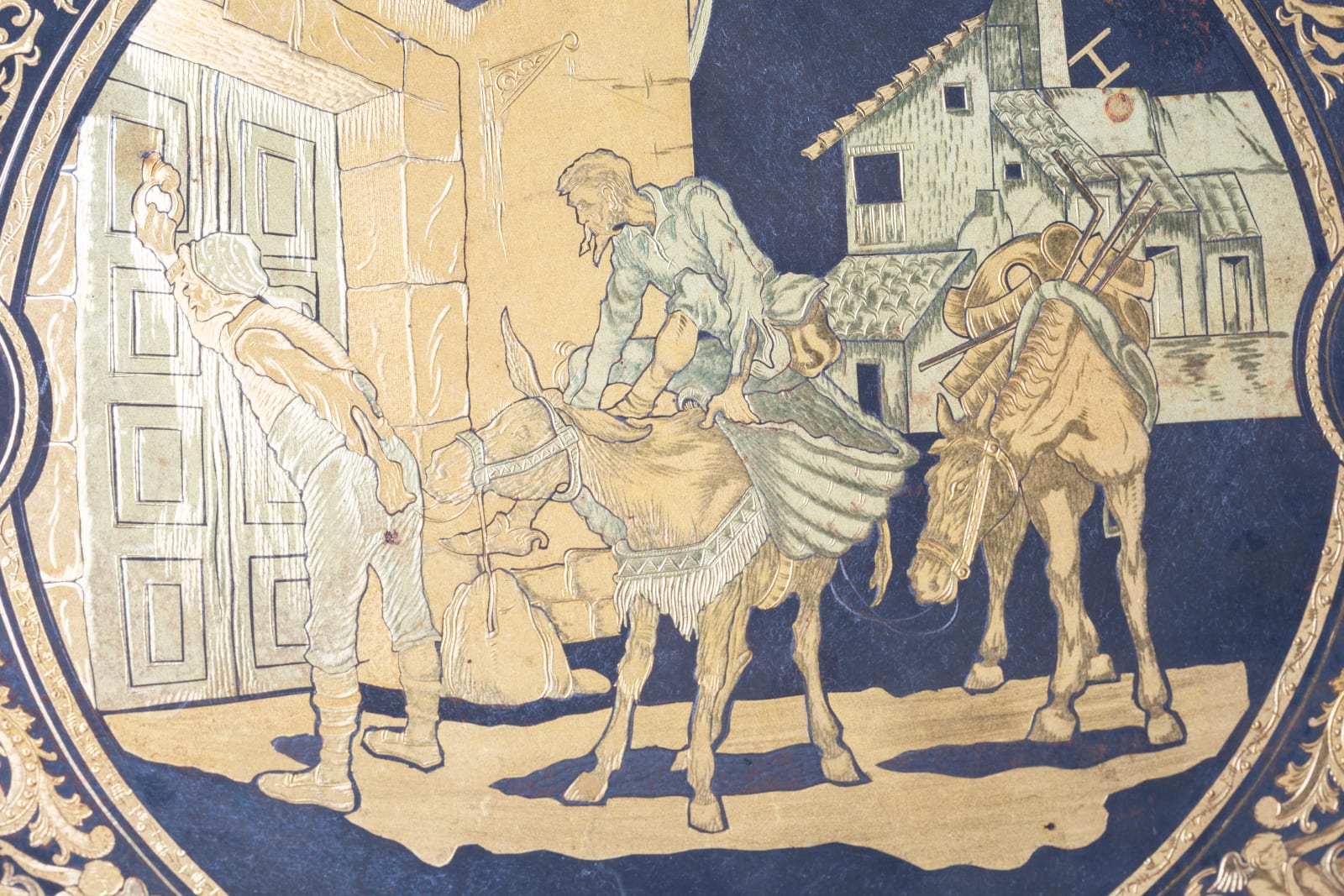 Toledo workshop damascened plate with Don Quixote and Sancho Panza, 19th century CE