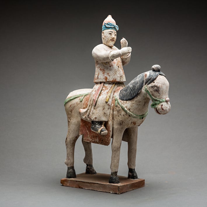 Ming Painted Terracotta Set Consisting of Five Figures and Four Horse and Riders, 1368 CE - 1644 CE
