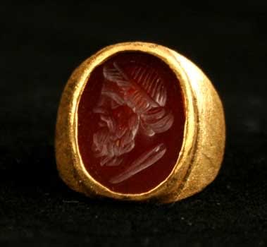 Gold Ring Featuring a Roman Carnelian Seal Depicting the Bust of a Severan Emperor, 3rd Century CE
