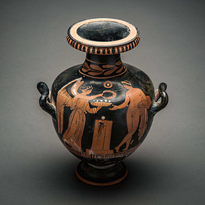 Apulian Red-Figure Hydria, depicting Nike crowning a Youth, 400 BC - 300 BC