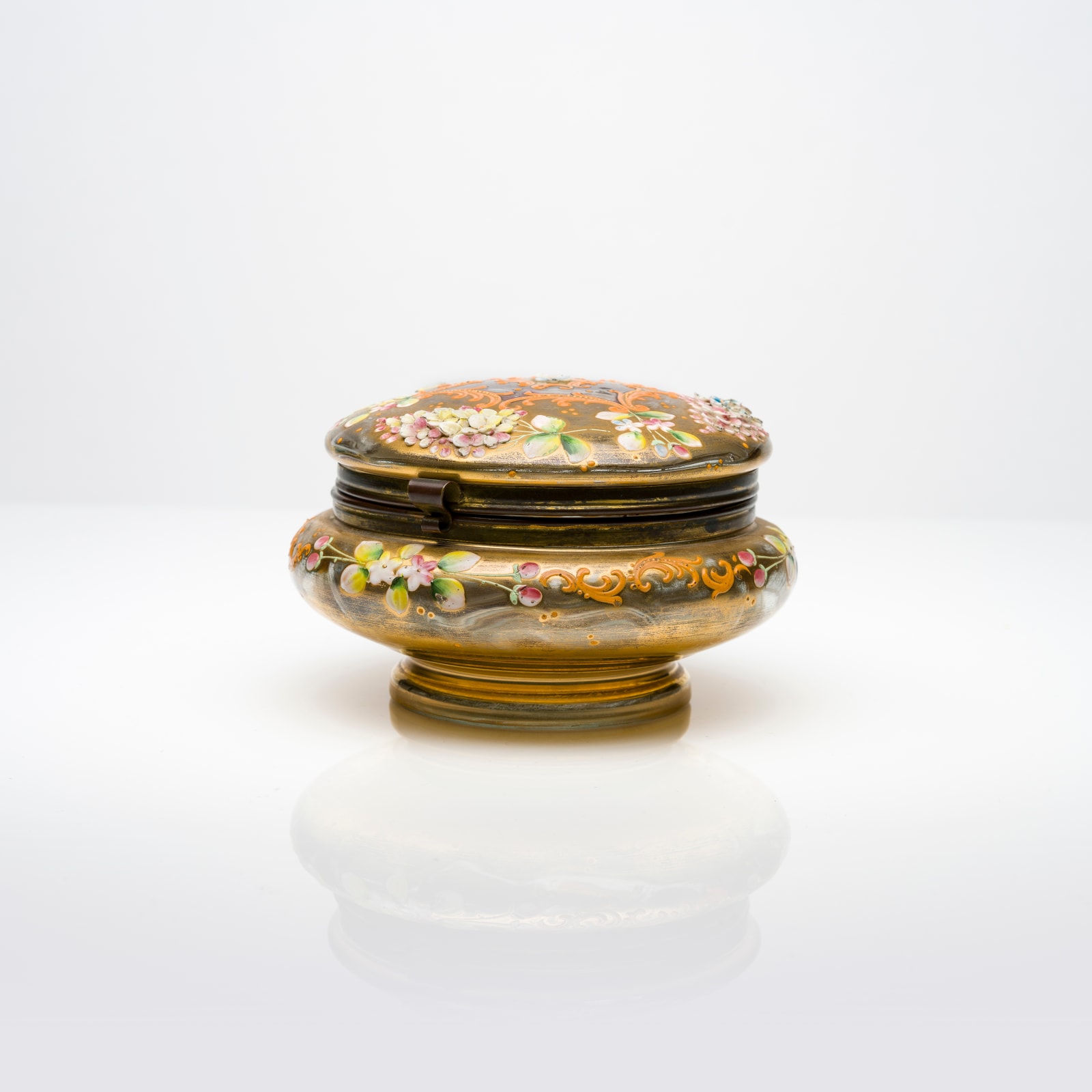 Green Glass Jewellery Case Decorated with Flowers and Gold