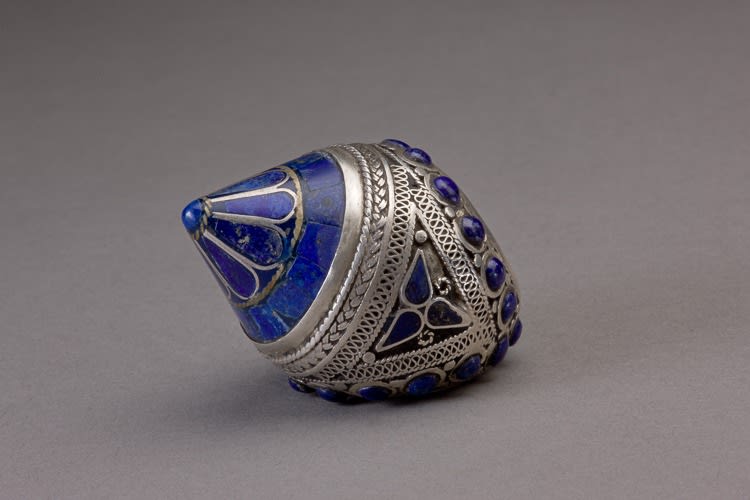 Large conical silver Afghani ring decorated with lapis lazuli, 19th Century CE