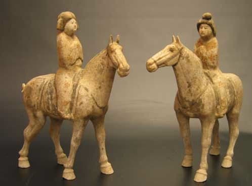 A Pair Of Tang Dynasty Painted Pottery Fat Ladies On Horses 618