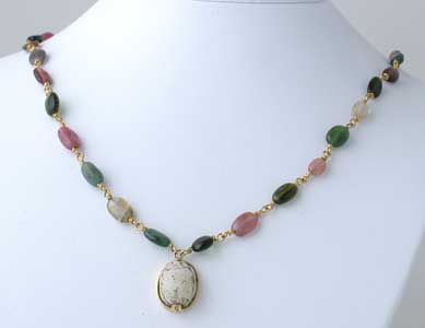 Mixed Tourmaline Beaded Necklace Featuring a New Kingdom Steatite Scarab, 1600 BCE - 1100 BCE