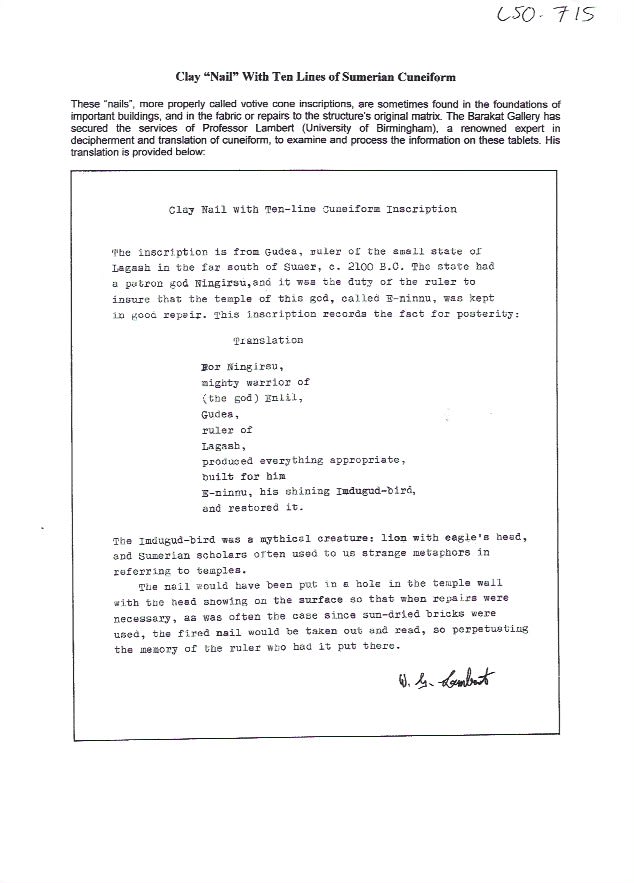 Clay Nail with Ten-Line Cuneiform Inscription, 2100 BCE