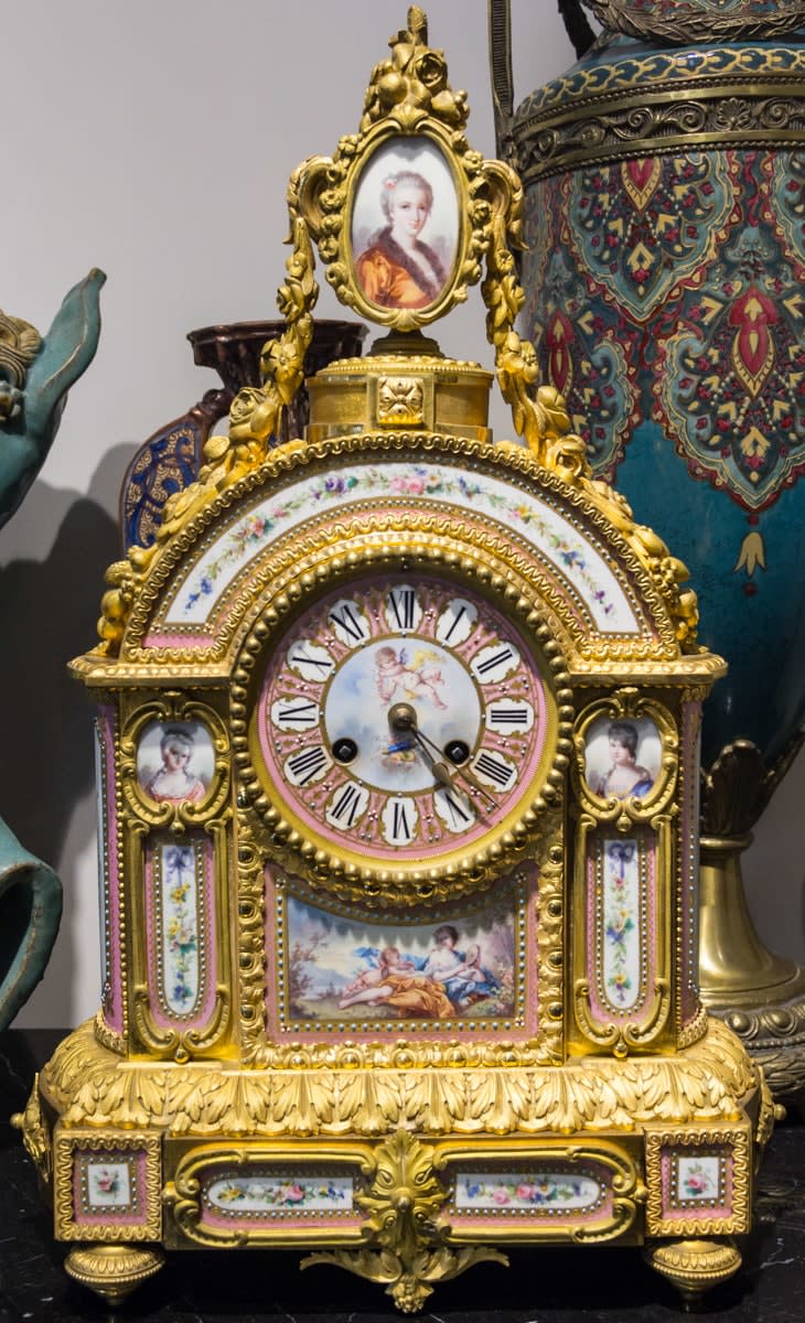 Antique French Louis XVI style ormolu & porcelain mantel clock, 1880 CE