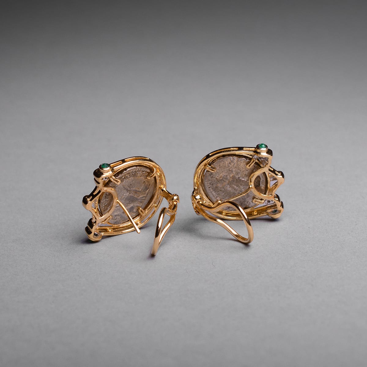 2 Siverb Coins Of Emperor Geta mounted in an 18 karat gold earrings., 209 CE - 212 CE