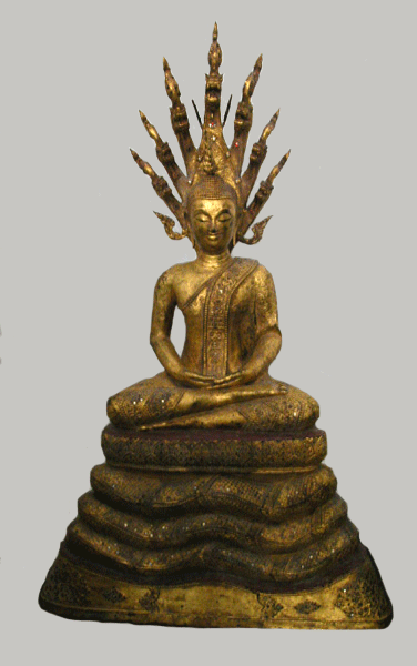 Rattanakosin Gilt Bronze Sculpture of the Buddha Seated Under Naga, 18th Century CE - 19th Century CE