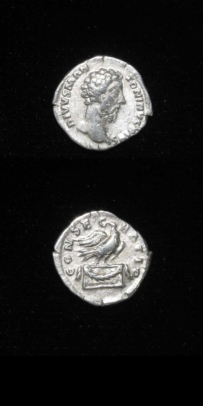 Silver Denarius of Emperor Marcus Aurelius Issued Posthumously by Commodus, 180 CE - 192 CE