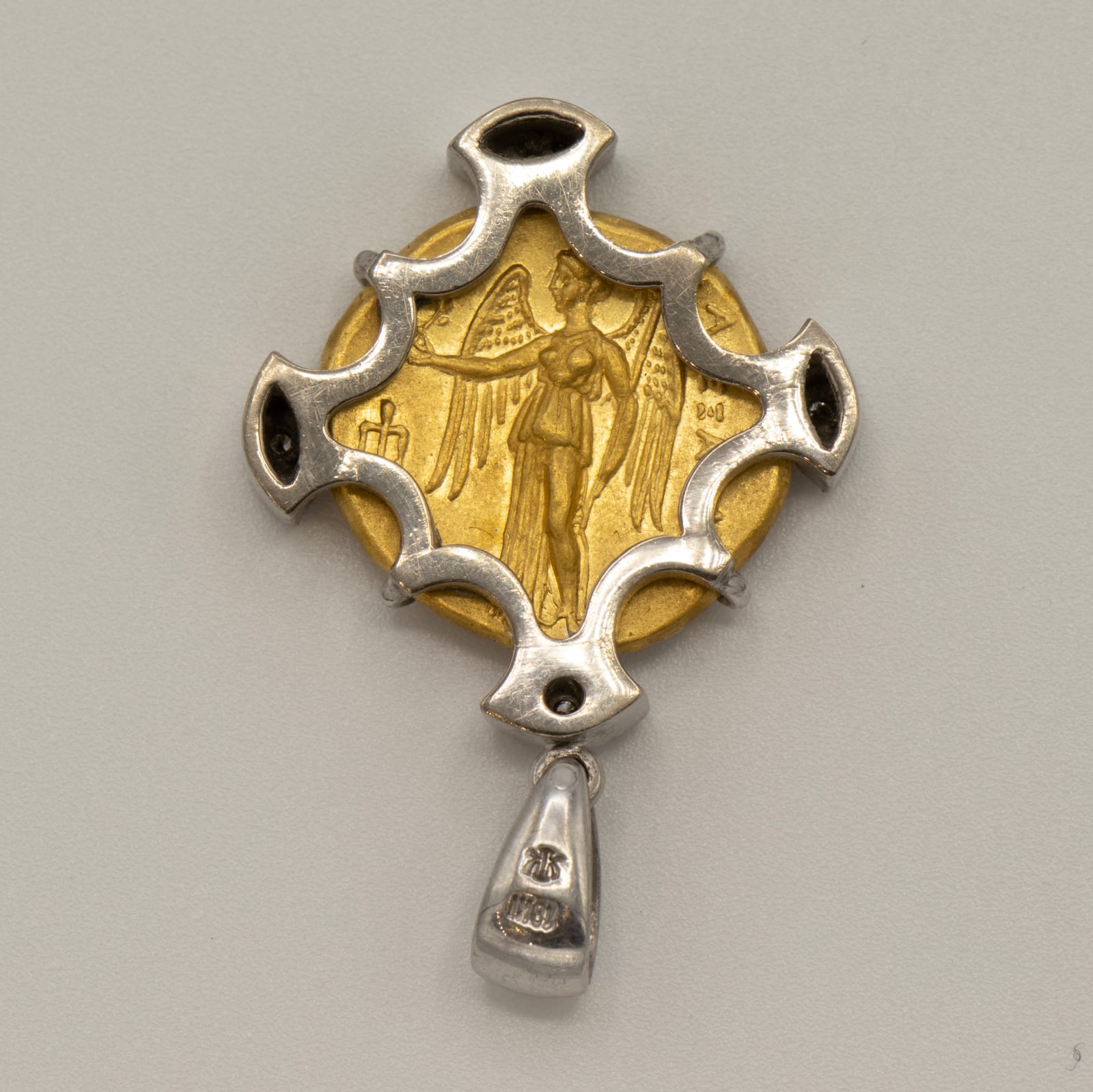 Diamond Studded 18 Karat White Gold Pendant Featuring a Gold Stater of Alexander the Great, 336 BCE - 323 BCE