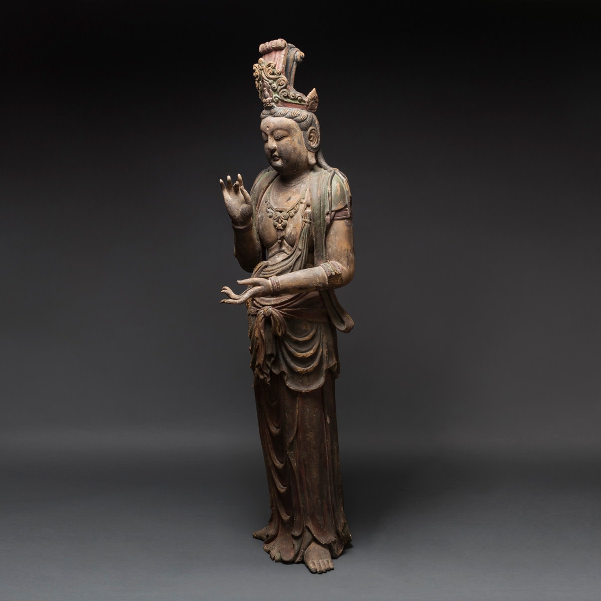Late Ming/Early Qing Pair of Lacquered Wooden Sculptures of Bodhisattvas, 1500 CE - 1800 CE