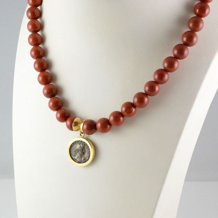Red Jasper Bead Necklace Featuring a Silver Denarius of Roman Emperor Hadrian, 117 CE - 138 CE