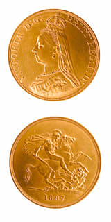 British Five Pound Gold Coin of Queen Victoria, 1887 CE