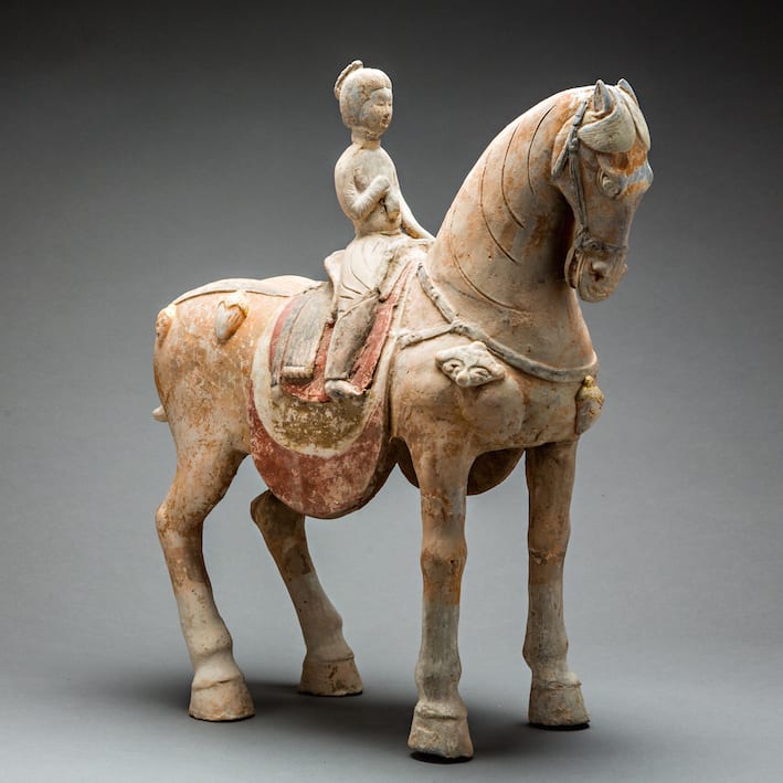 Tang Painted Terracotta Sculpture of a Horse and Female Rider, 600 CE - 700 CE