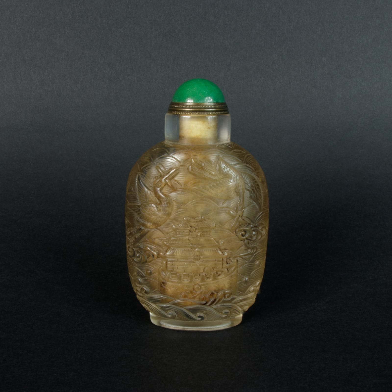 Qianlong Peiod Peking Glass Snuff Bottle with Jade stone lid , 1736 - 1796 AD