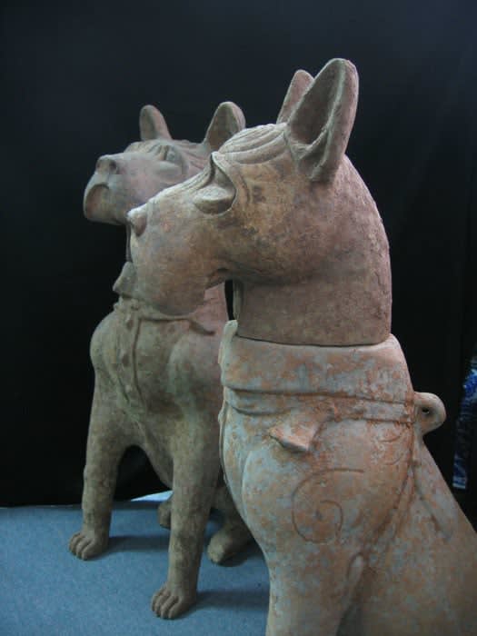 Han Dynasty Painted Pottery Pair of 'Sichuan' Sitting Dogs, 206 BCE - 220 CE