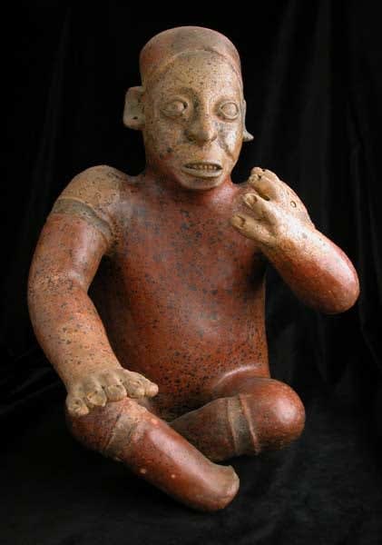Ameca-Ezatlán Style Jalisco Terracotta Sculpture of a Seated Man, 300 BCE - 300 CE
