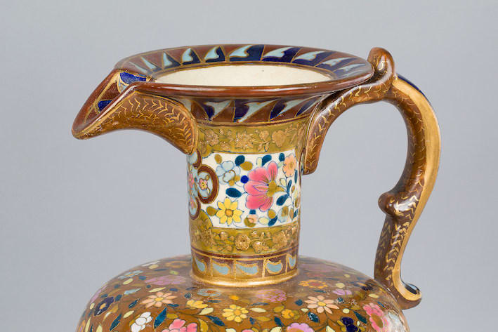 Hand decorated and gilded ceramic Fischer pitcher, 19th Century CE