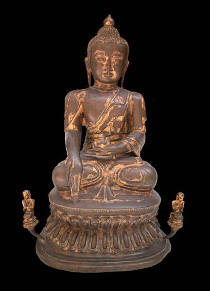 Mandalay Gilt Bronze Sculpture of Buddha Seated on a Double Lotus Throne Flanked by Two Disciples, 19th Century CE