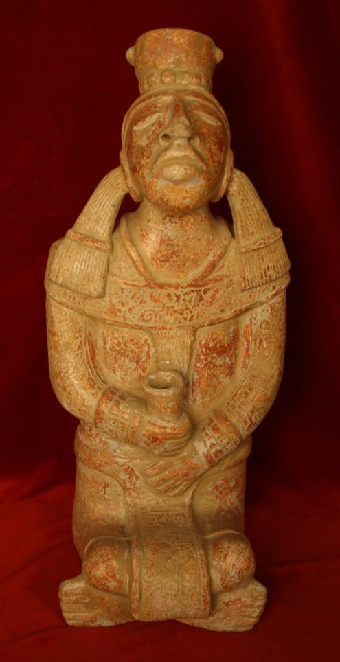 Mayan Style Sculpture of a Seated Man Holding a Cup, 6th Century CE - 9th Century CE