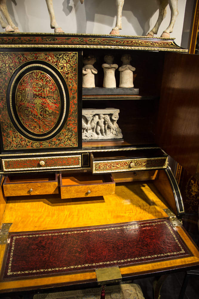Delicate details of French 19th Century Boulle Bonheur Du Jour Writing Cabinet