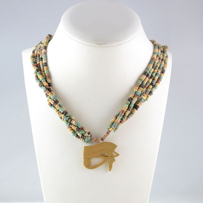 Five Strand Egyptian Faience Bead Necklace with a Gold Eye of Horus Pendant, 1900 BCE - 1100 BCE