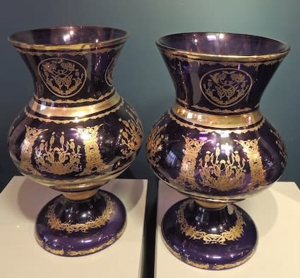 Pair of hand-blown and decorated mauve glass lamps, 19th Century CE