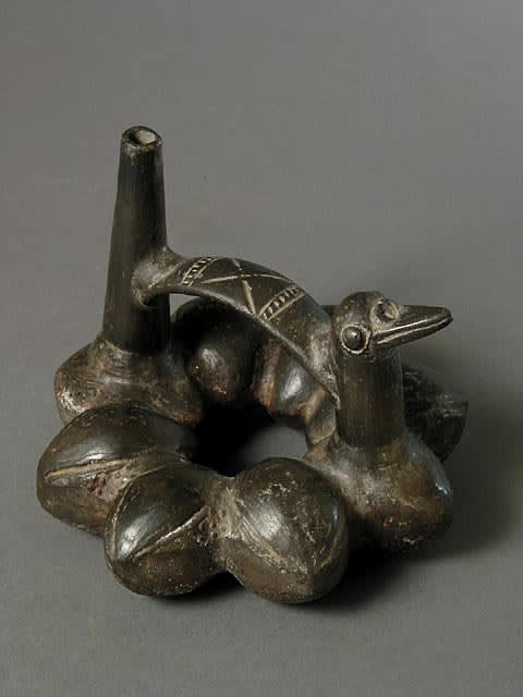 Chimu Blackware Stirrup Vessel with a Foul Effigy, 900 CE - 1200 CE