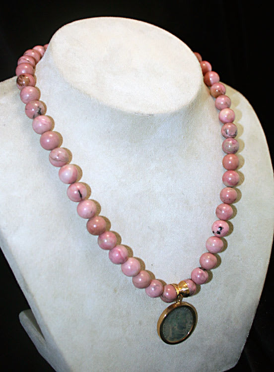 Rhodonite Beaded Necklace Featuring a Roman Bronze Coin of Emperor Maxentius, 306 CE - 312 CE